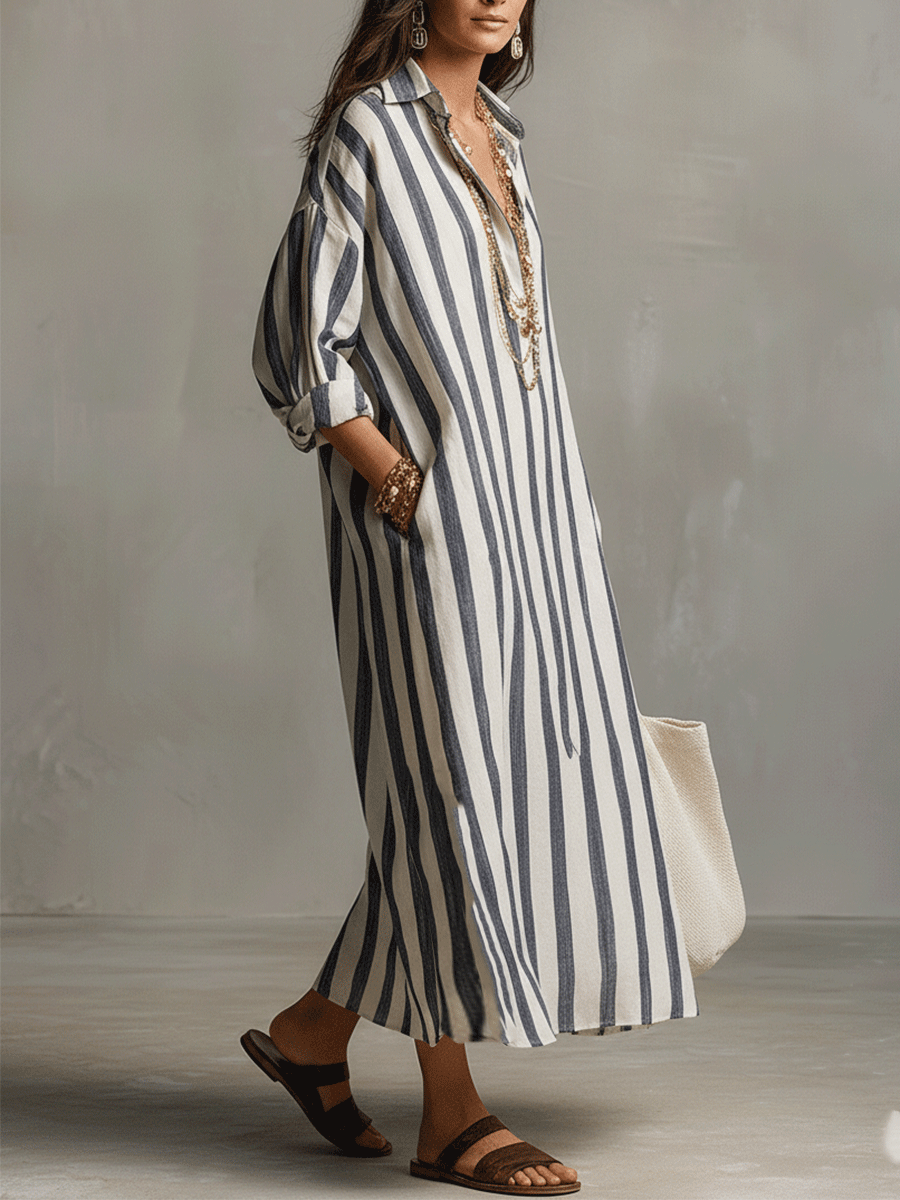 Soledad™ | Vestido maxi camisero a rayas de estilo bohemio