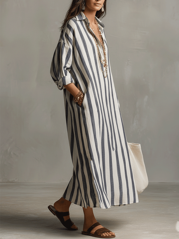 Soledad™ | Vestido maxi camisero a rayas de estilo bohemio