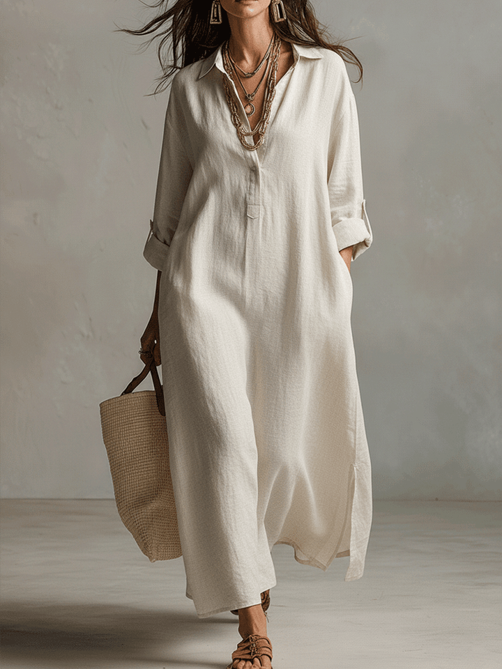 Gracia™ | Vestido camisero maxi vintage ligero en crema natural