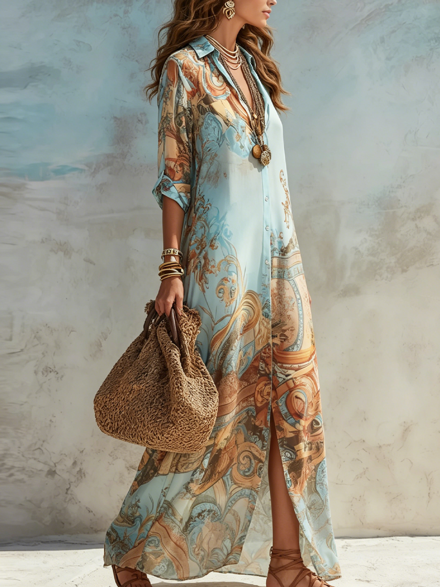 Lisa | Vestido Maxi de Chiffon Azul Estilo Barroco con Flores