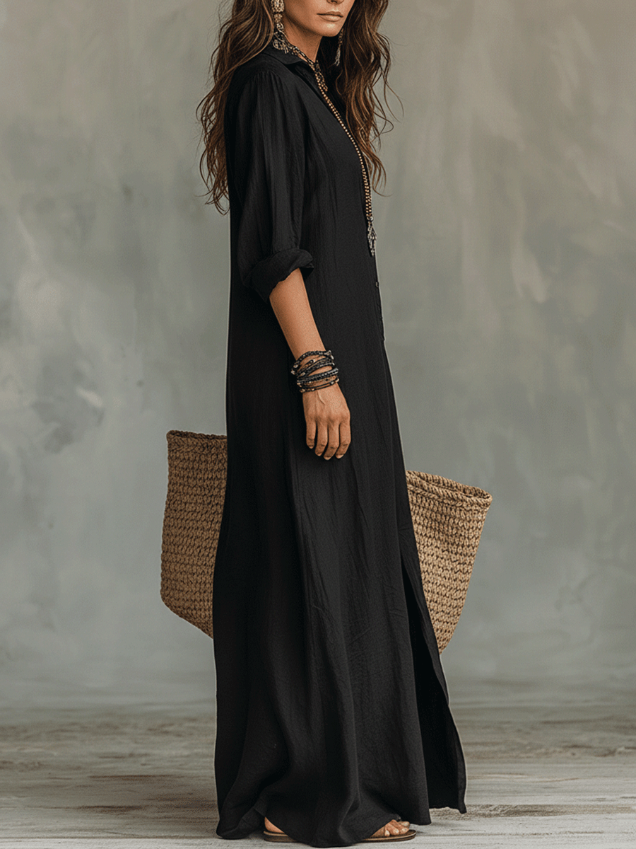 Montserrat™ | Vestido maxi bohemio negro con botones en la parte delantera