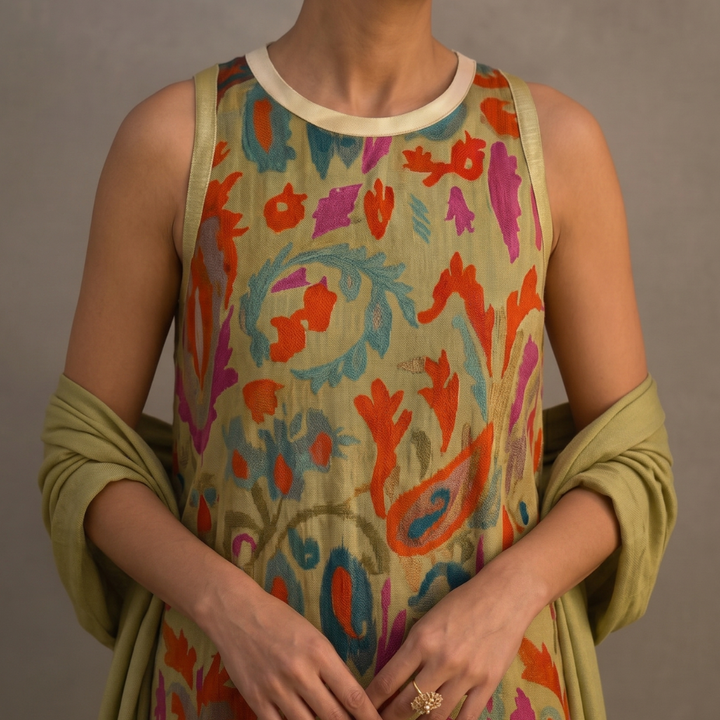 Daniela | Vestido largo estampado con chaleco coordinado
