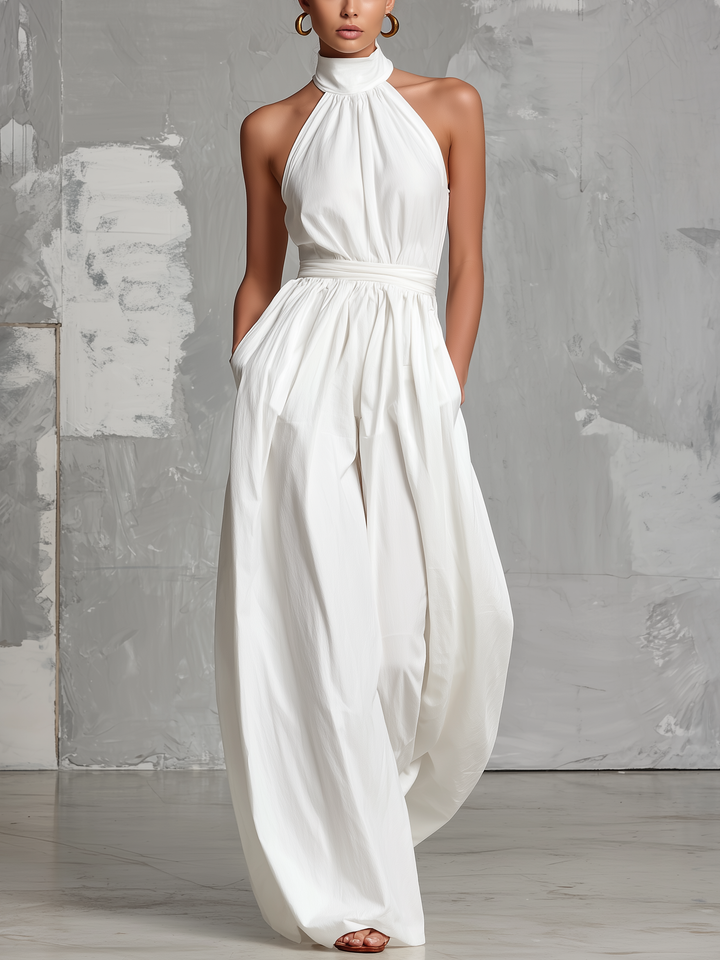 Fiamma | Elegante mono blanco de tejido trenzado con cuello halter sin mangas