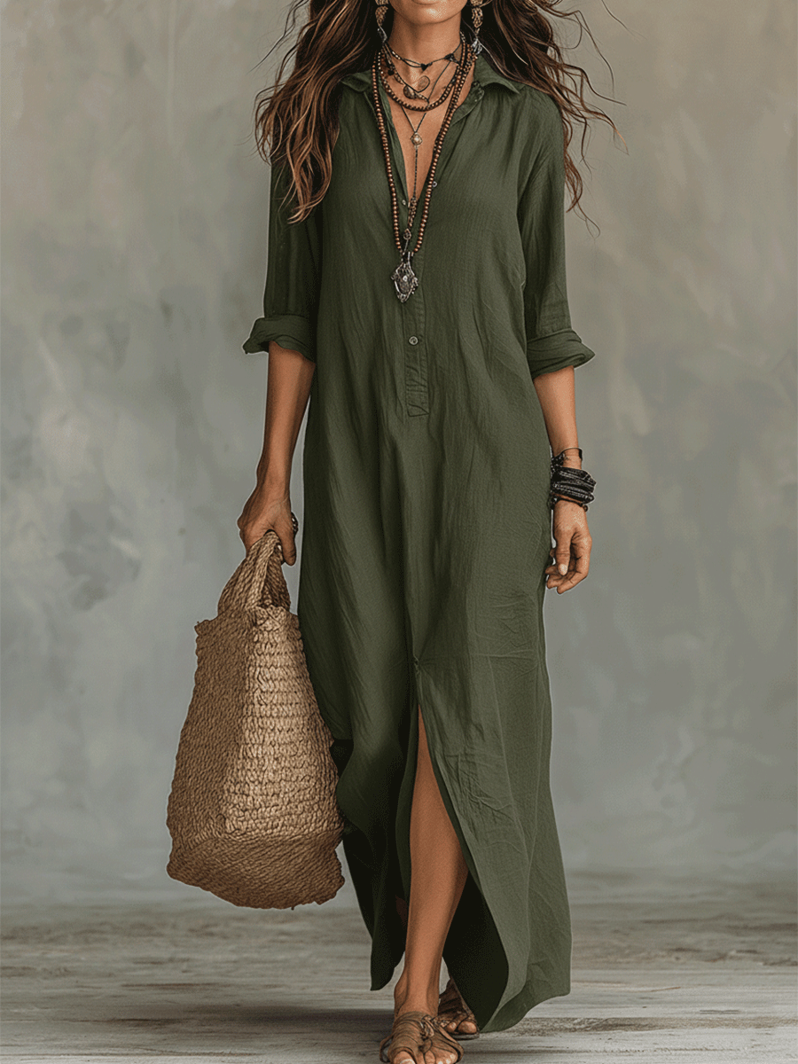 Montserrat™ | Vestido maxi bohemio negro con botones en la parte delantera