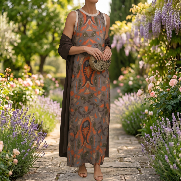 Daniela | Vestido largo estampado con chaleco coordinado