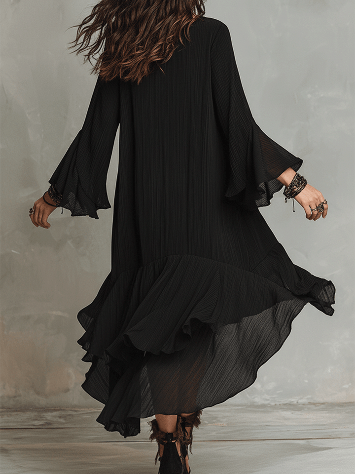 Remedios™ | Elegante vestido midi bohemio negro asimétrico con pliegues