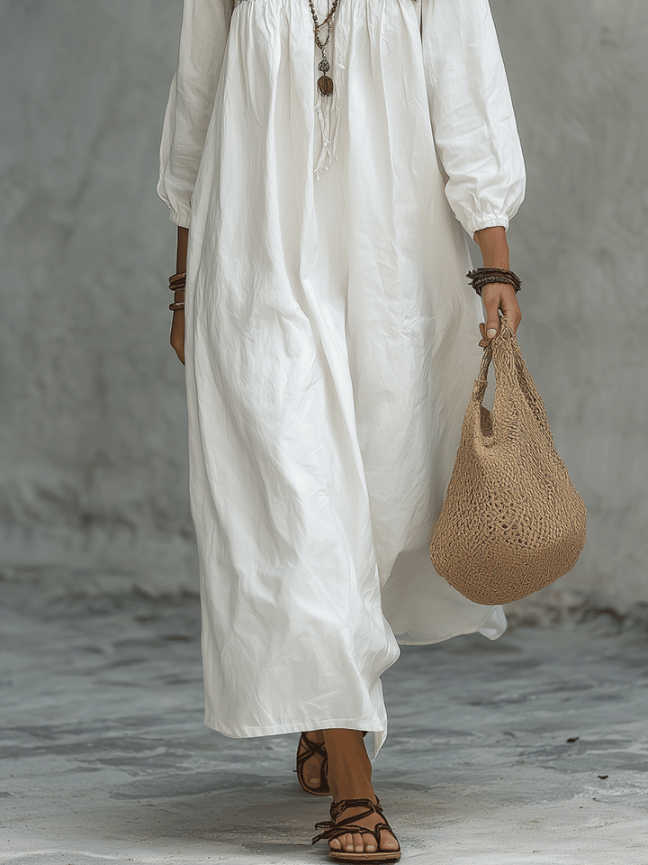 Esperanza™ | Vestido maxi blanco bohemio con bordado de flores y mangas globo
