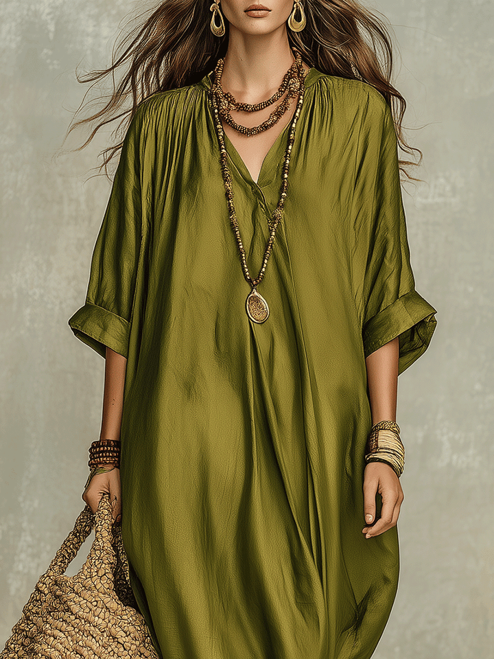 Rocío™ | Vestido maxi bohemio verde oliva holgado