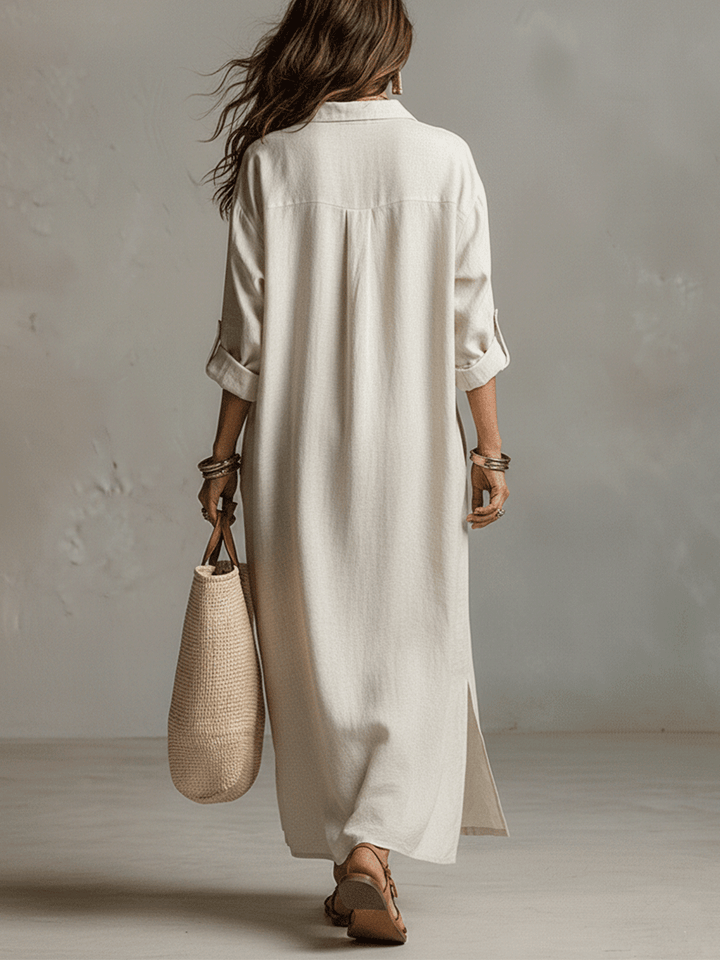 Gracia™ | Vestido camisero maxi vintage ligero en crema natural