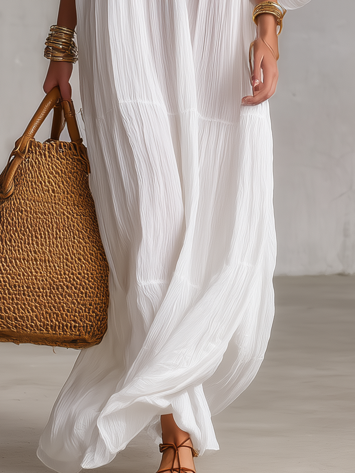 Amparo™ | Vestido caftán maxi blanco bordado bohemio con escote en V