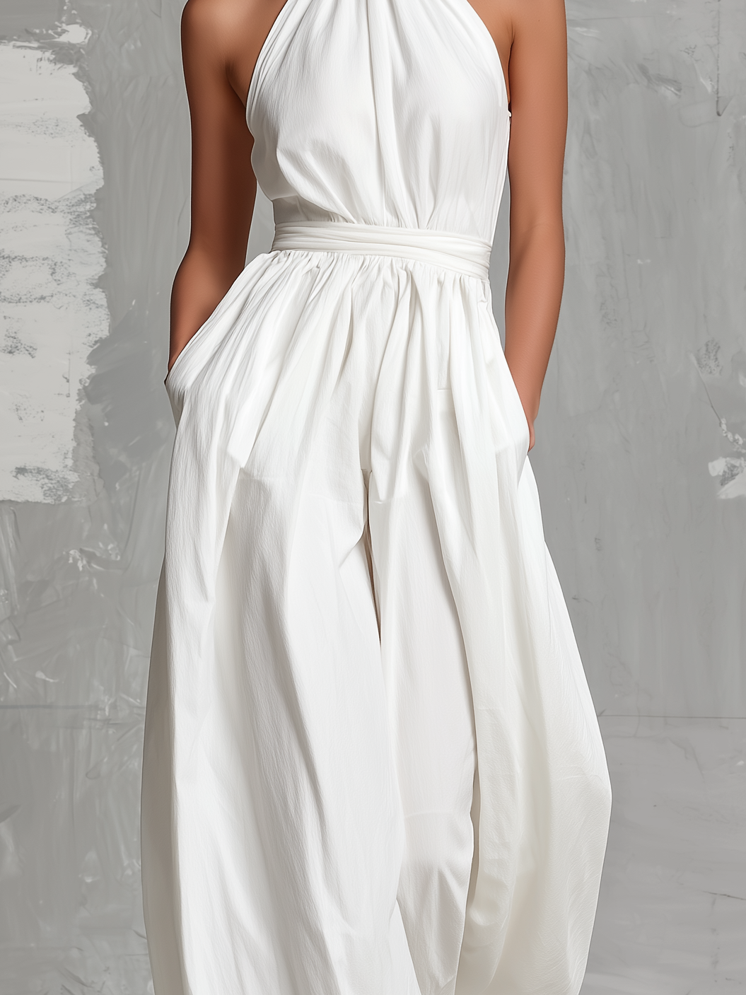 Fiamma | Elegante mono blanco de tejido trenzado con cuello halter sin mangas