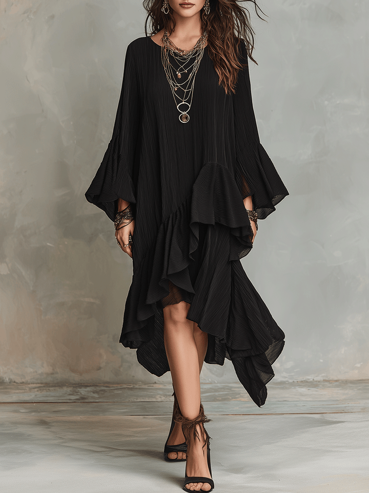 Remedios™ | Elegante vestido midi bohemio negro asimétrico con pliegues