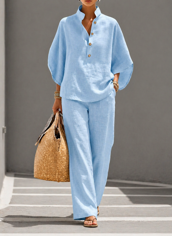 Mariel | Conjunto de Algodón y Lino con Mangas Murciélago y Pantalón Largo