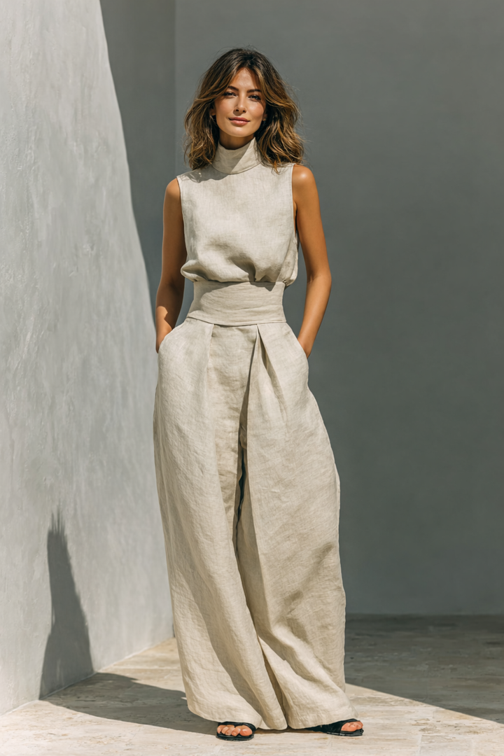 Antonella | Conjunto de top y pantalones anchos de algodón y lino minimalista para mujer