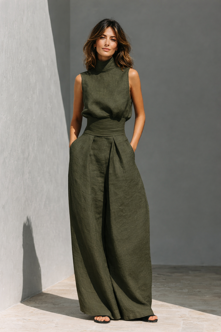 Antonella | Conjunto de top y pantalones anchos de algodón y lino minimalista para mujer