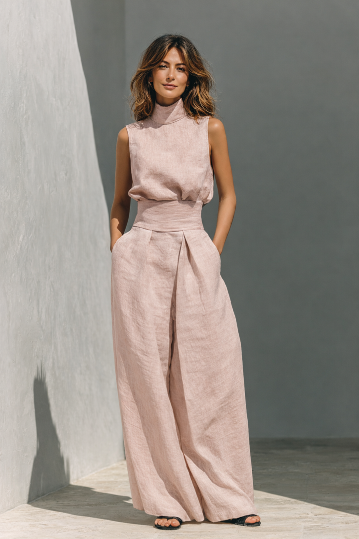 Antonella | Conjunto de top y pantalones anchos de algodón y lino minimalista para mujer
