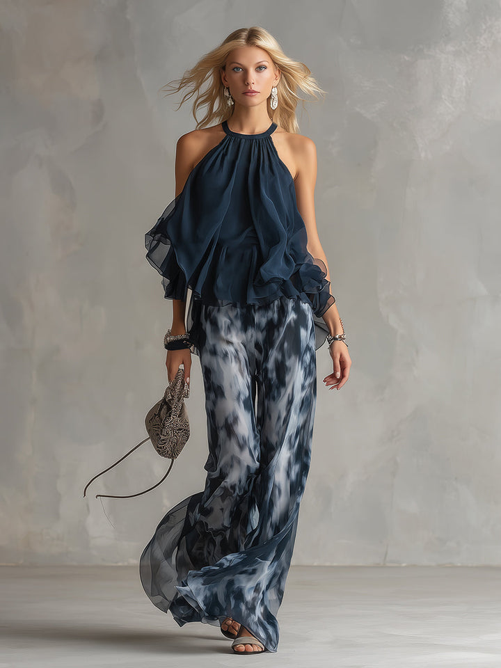 Serena | Conjunto elegante en chiffon con top de cuello alto y pantalón de estampado de pierna ancha