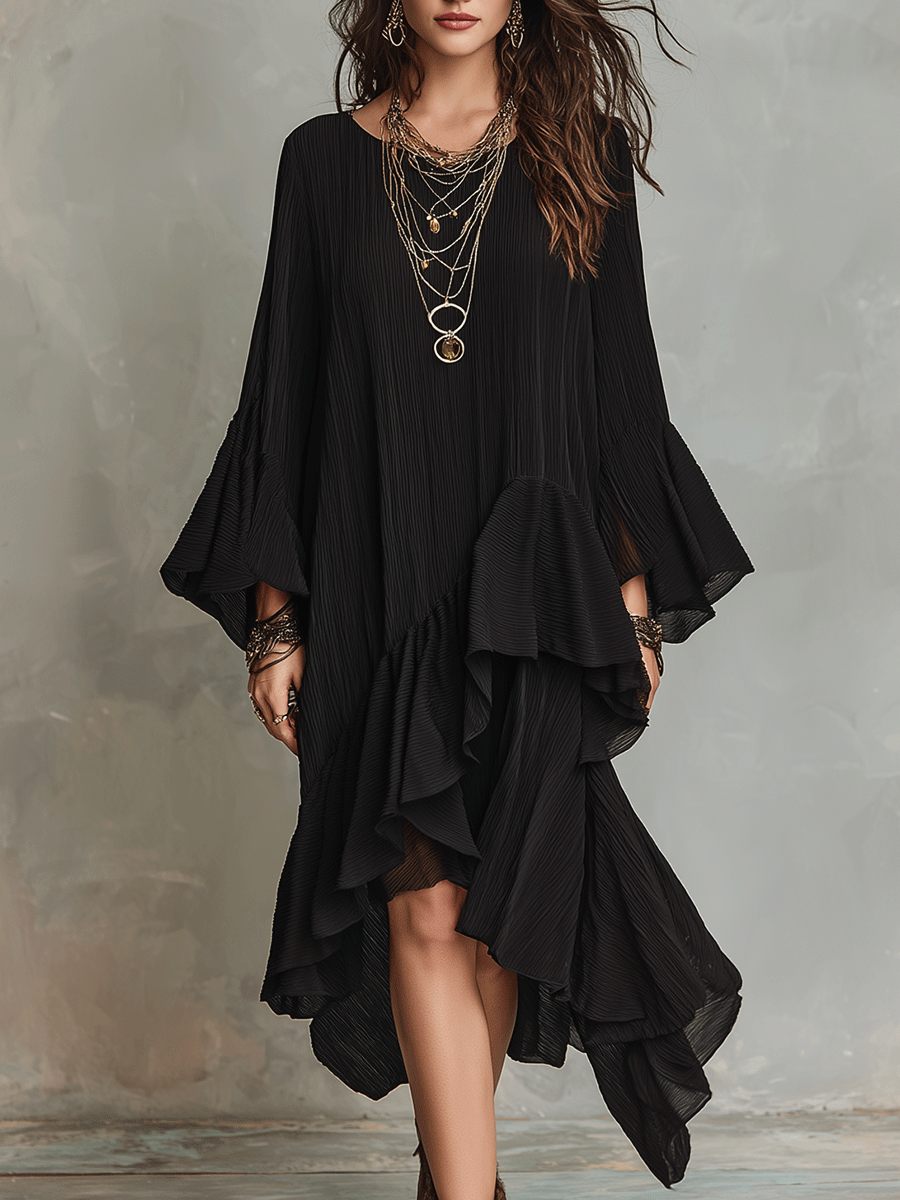 Remedios™ | Elegante vestido midi bohemio negro asimétrico con pliegues