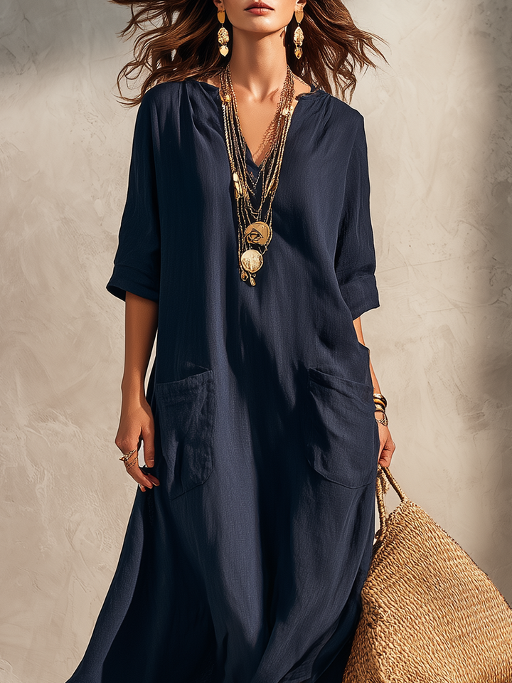 Paloma™ | Vestido camisero bohemio azul medianoche