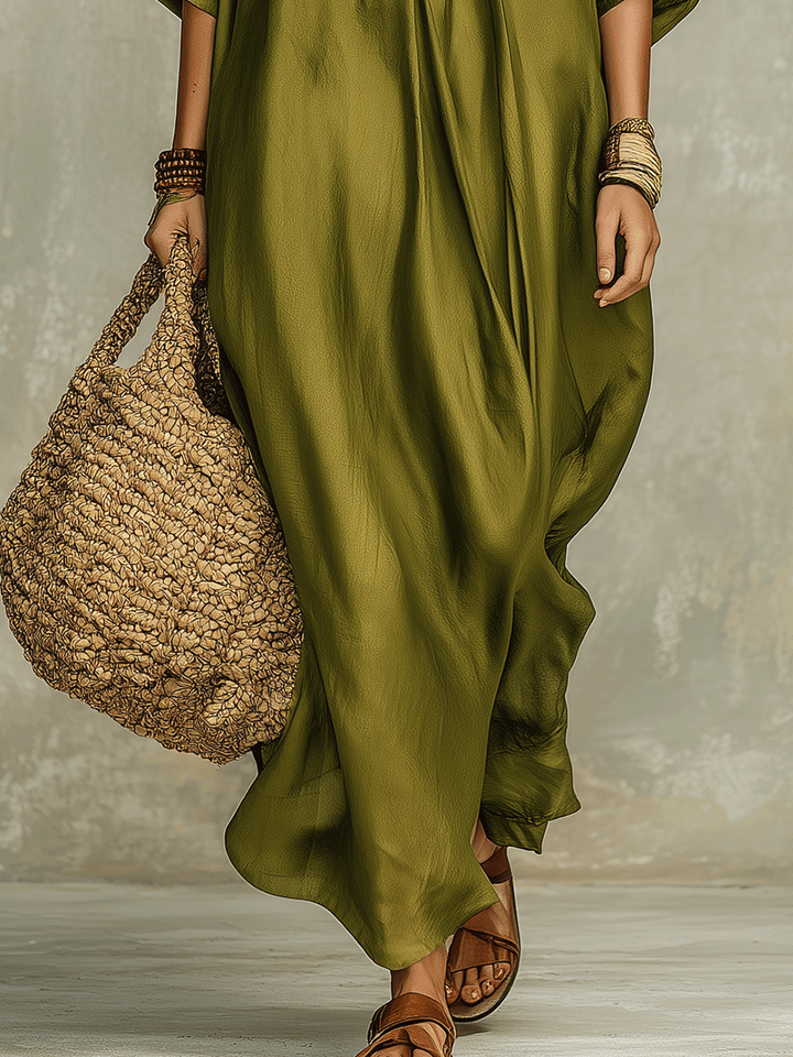 Rocío™ | Vestido maxi bohemio verde oliva holgado