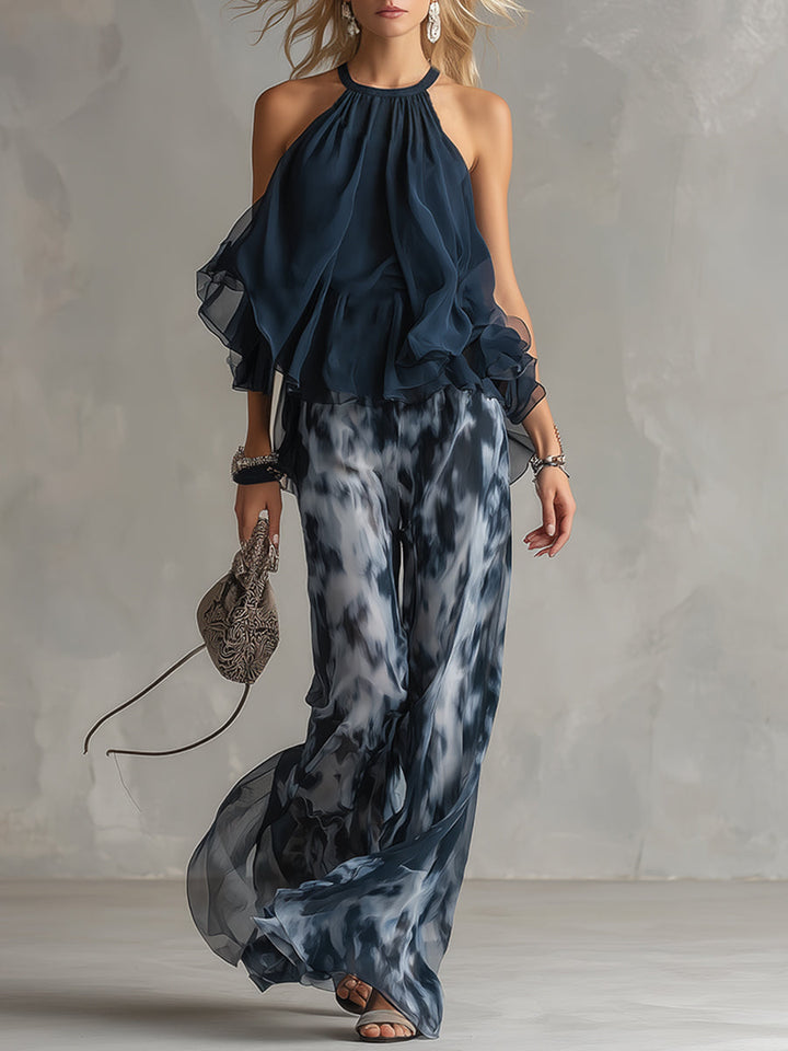 Serena | Conjunto elegante en chiffon con top de cuello alto y pantalón de estampado de pierna ancha