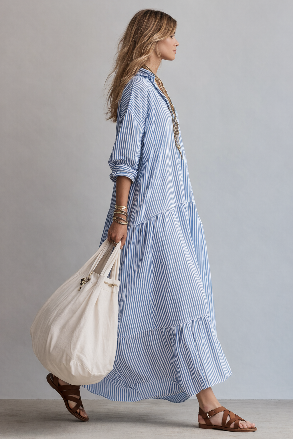 Manuela™ | Vestido maxi de rayas azules de estilo camisero holgado
