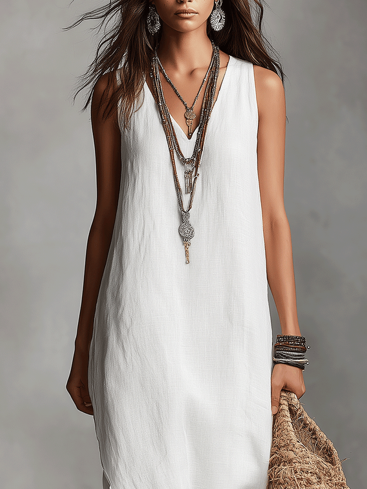 Sofía™ | Vestido maxi blanco sin mangas con escote en V