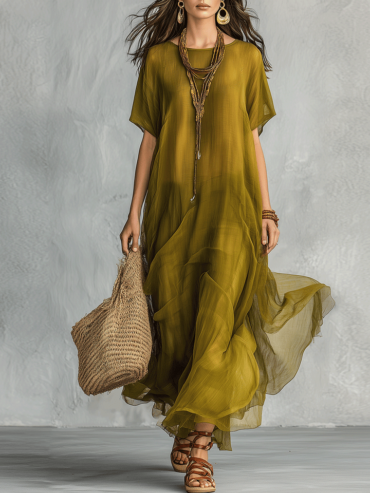 Isabel™ | Vestido maxi bohemio verde oliva con silueta drapeada