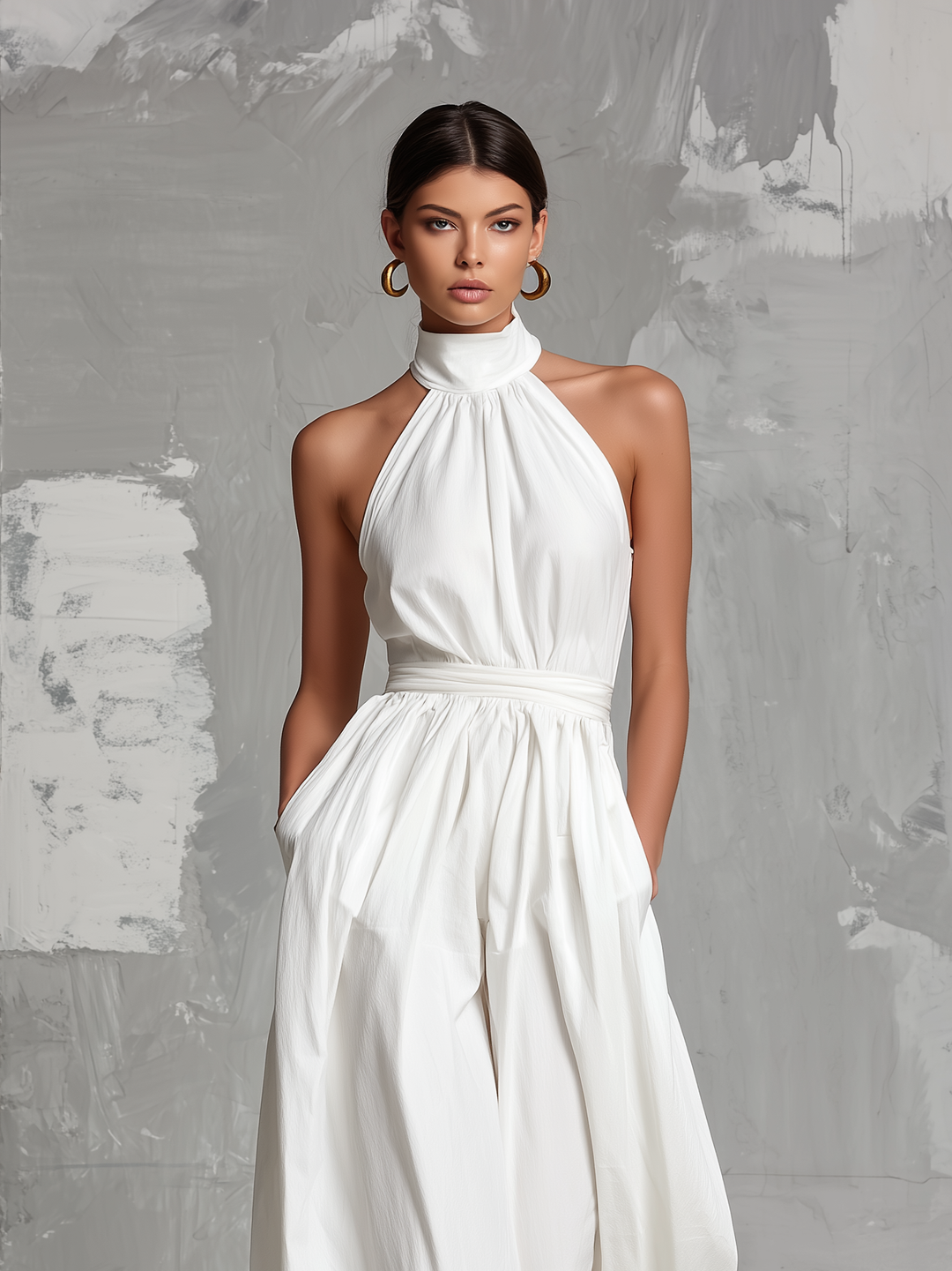 Fiamma | Elegante mono blanco de tejido trenzado con cuello halter sin mangas