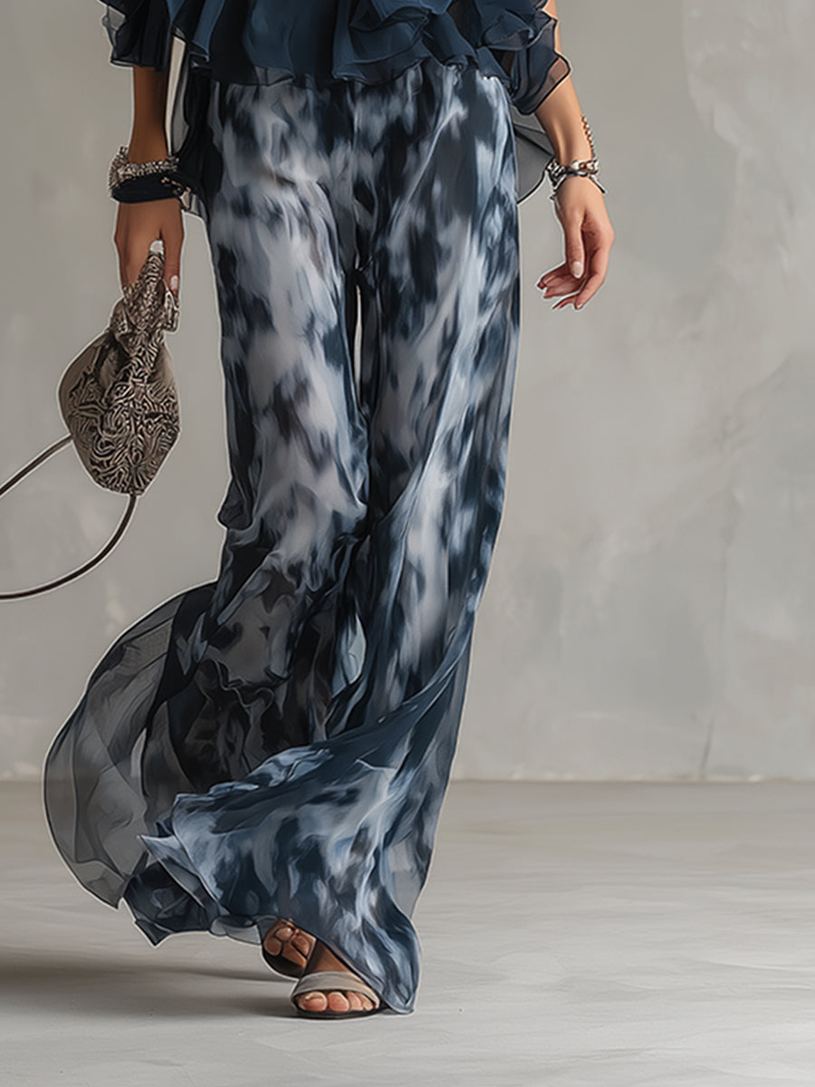 Serena | Conjunto elegante en chiffon con top de cuello alto y pantalón de estampado de pierna ancha