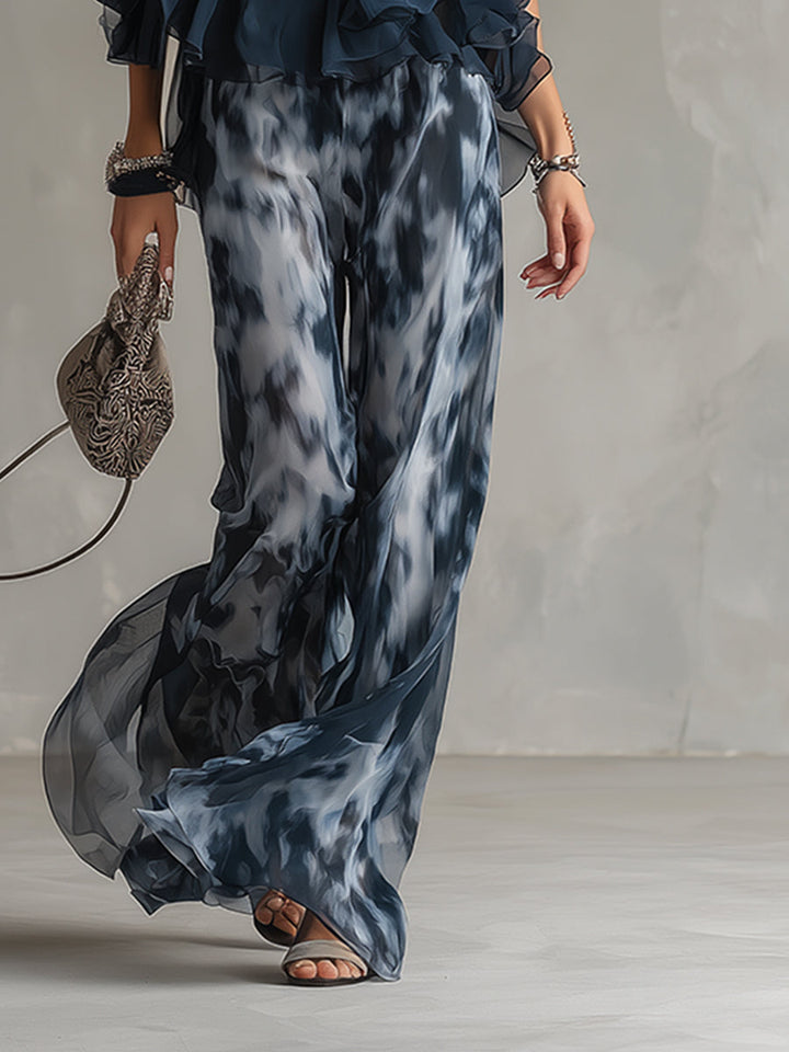 Serena | Conjunto elegante en chiffon con top de cuello alto y pantalón de estampado de pierna ancha