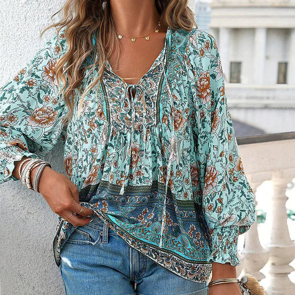 Celine™ | Blusa femenina de manga larga con cuello en V y estampado floral