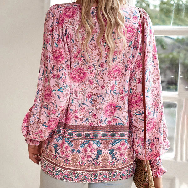 Celine™ | Blusa femenina de manga larga con cuello en V y estampado floral