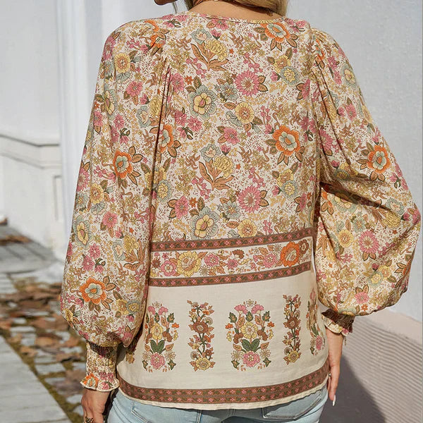 Celine™ | Blusa femenina de manga larga con cuello en V y estampado floral