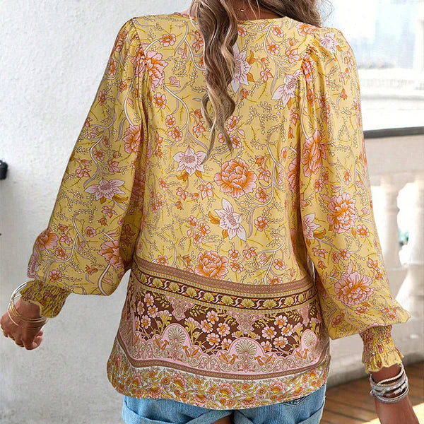 Celine™ | Blusa femenina de manga larga con cuello en V y estampado floral
