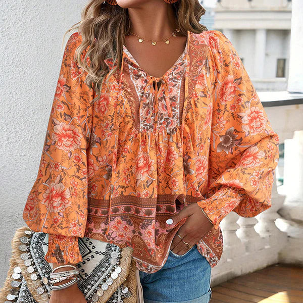 Celine™ | Blusa femenina de manga larga con cuello en V y estampado floral