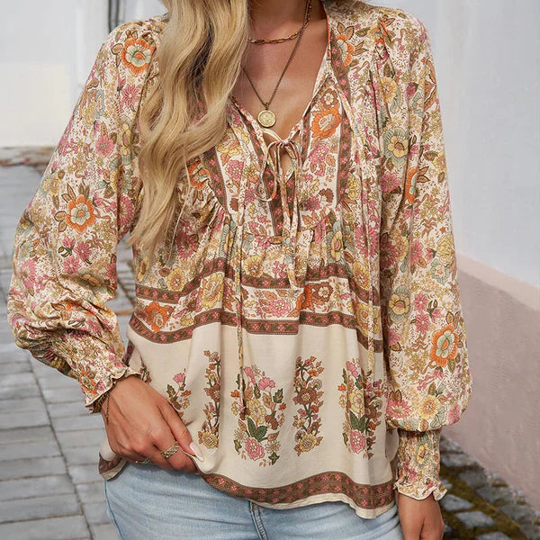Celine™ | Blusa femenina de manga larga con cuello en V y estampado floral