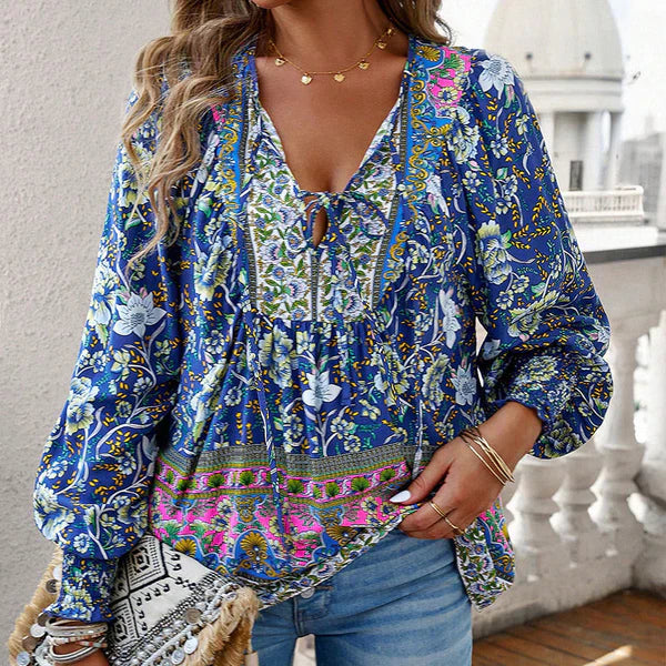 Celine™ | Blusa femenina de manga larga con cuello en V y estampado floral